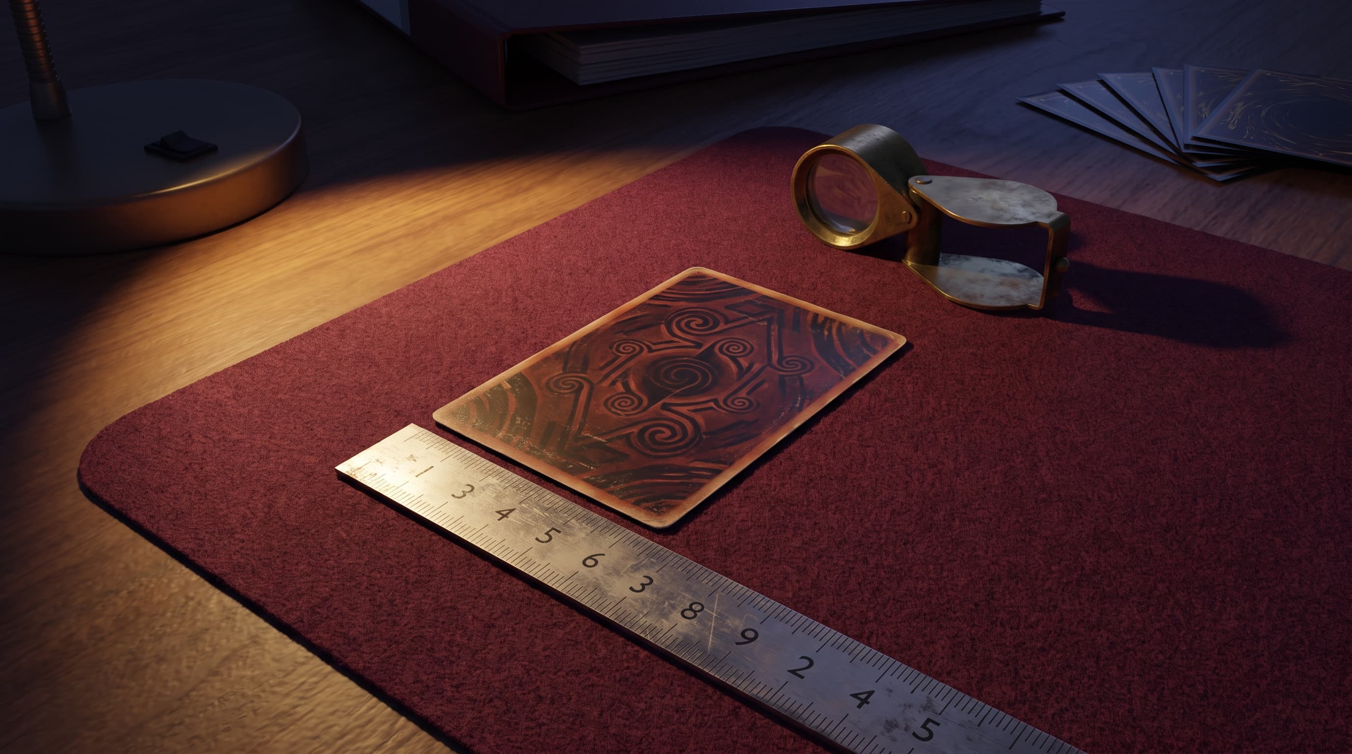 A steel ruler and a brass jeweler's loupe resting beside a face-down trading card on a felt-covered desk, lit by a raking desk lamp