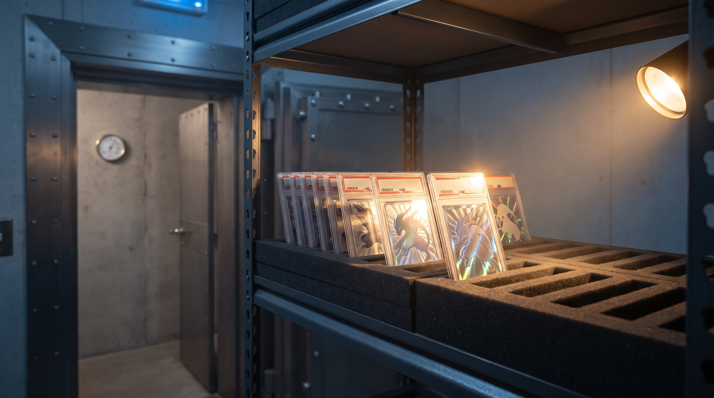 A row of graded trading card slabs rests in foam-cut slots on a steel vault shelf, lit by a warm spot lamp with a thick security door blurred in the background.