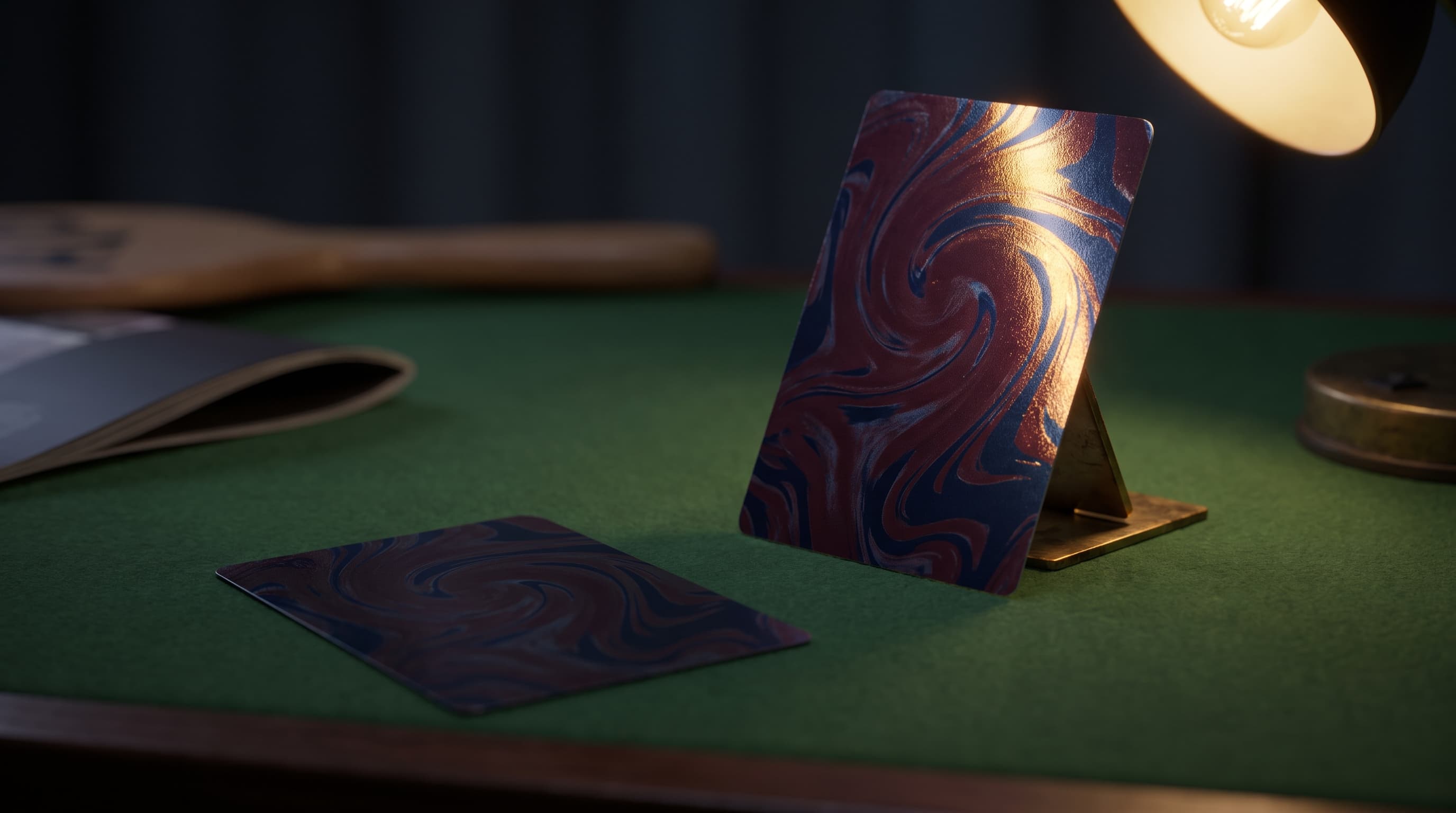 Two foil trading cards on green felt, one propped up and glowing under warm lamplight, the other lying flat in shadow, with an auction paddle blurred behind.