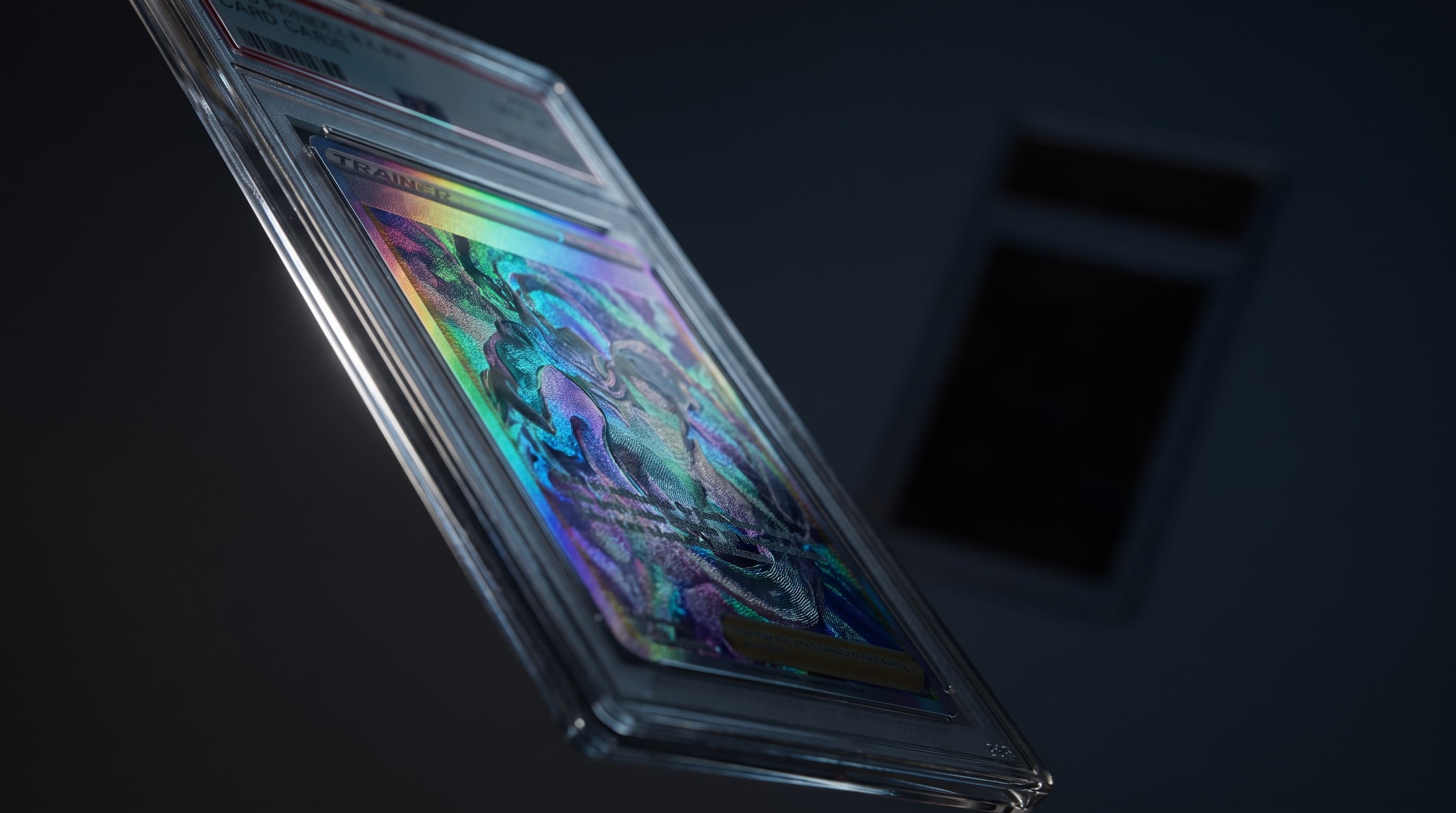 A graded trading card slab tilted at a sharp angle under a hard rim light, its foil surface catching a band of color against a deep burgundy background, with a second slab blurred far behind it.