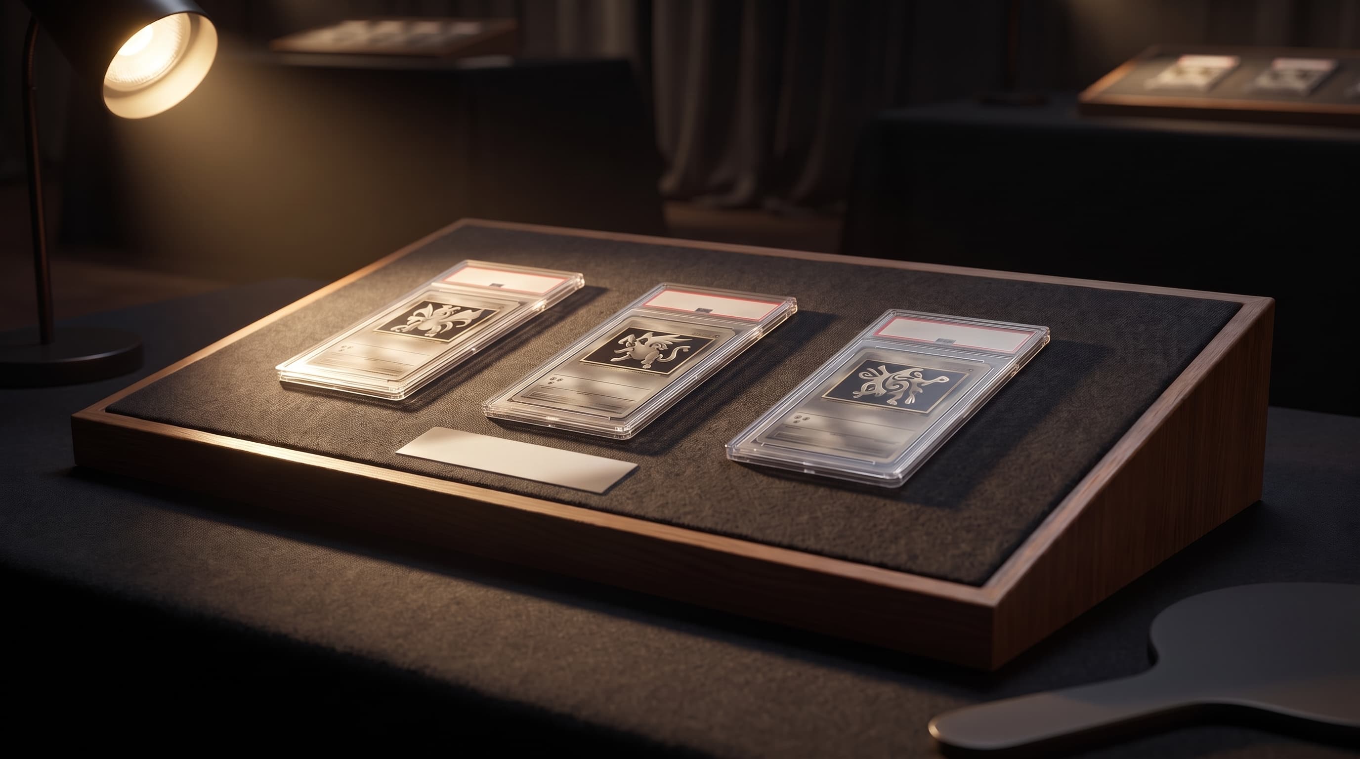 Three graded trading-card slabs stand upright in a row on a felt-lined wooden riser under warm spotlighting, with the blurred edge of an auction paddle visible in the foreground.