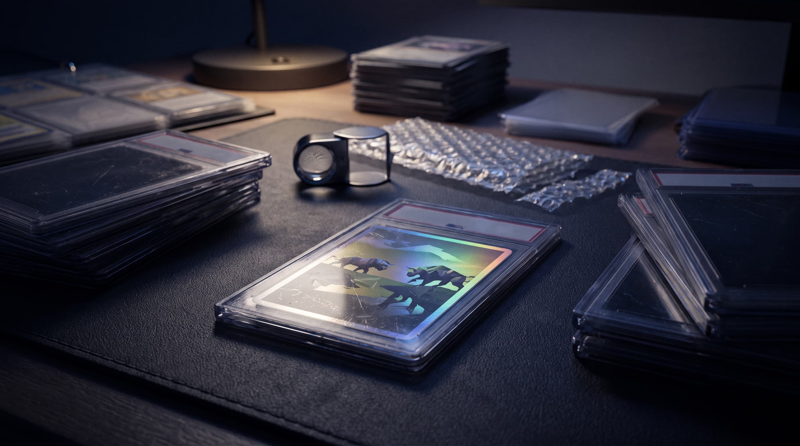 A graded trading card slab angled on a dark desk mat between two stacks of other slabs, lit by a hard rim light with a loupe and torn packaging nearby.