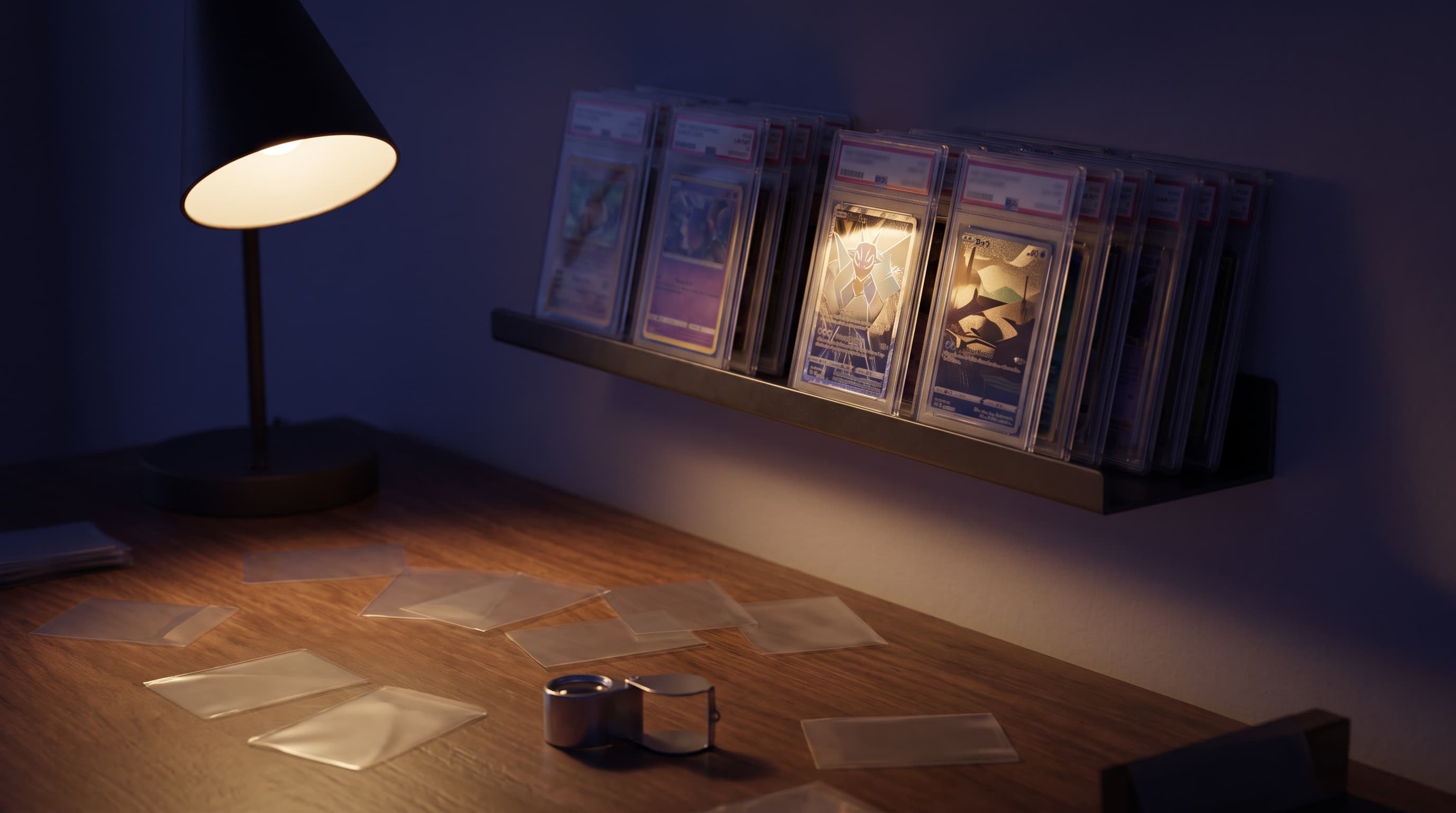 Graded card slabs stand on a shelf above a lamp-lit desk scattered with empty sleeves and a loupe, their foil surfaces catching warm light against deep indigo shadow.