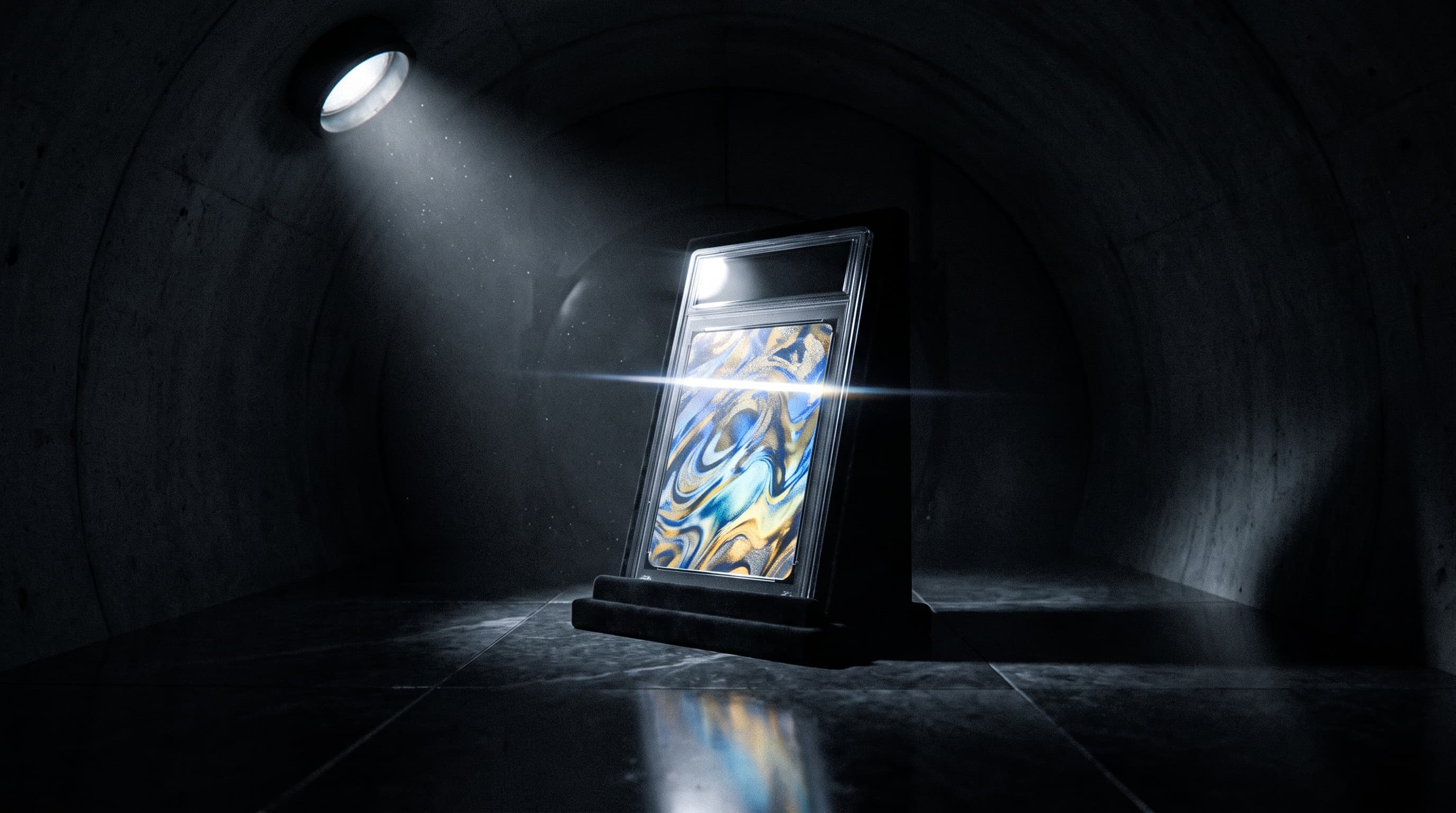 A single graded card slab glowing under a narrow spotlight in an otherwise pitch-black vault, dust suspended in the beam of light.