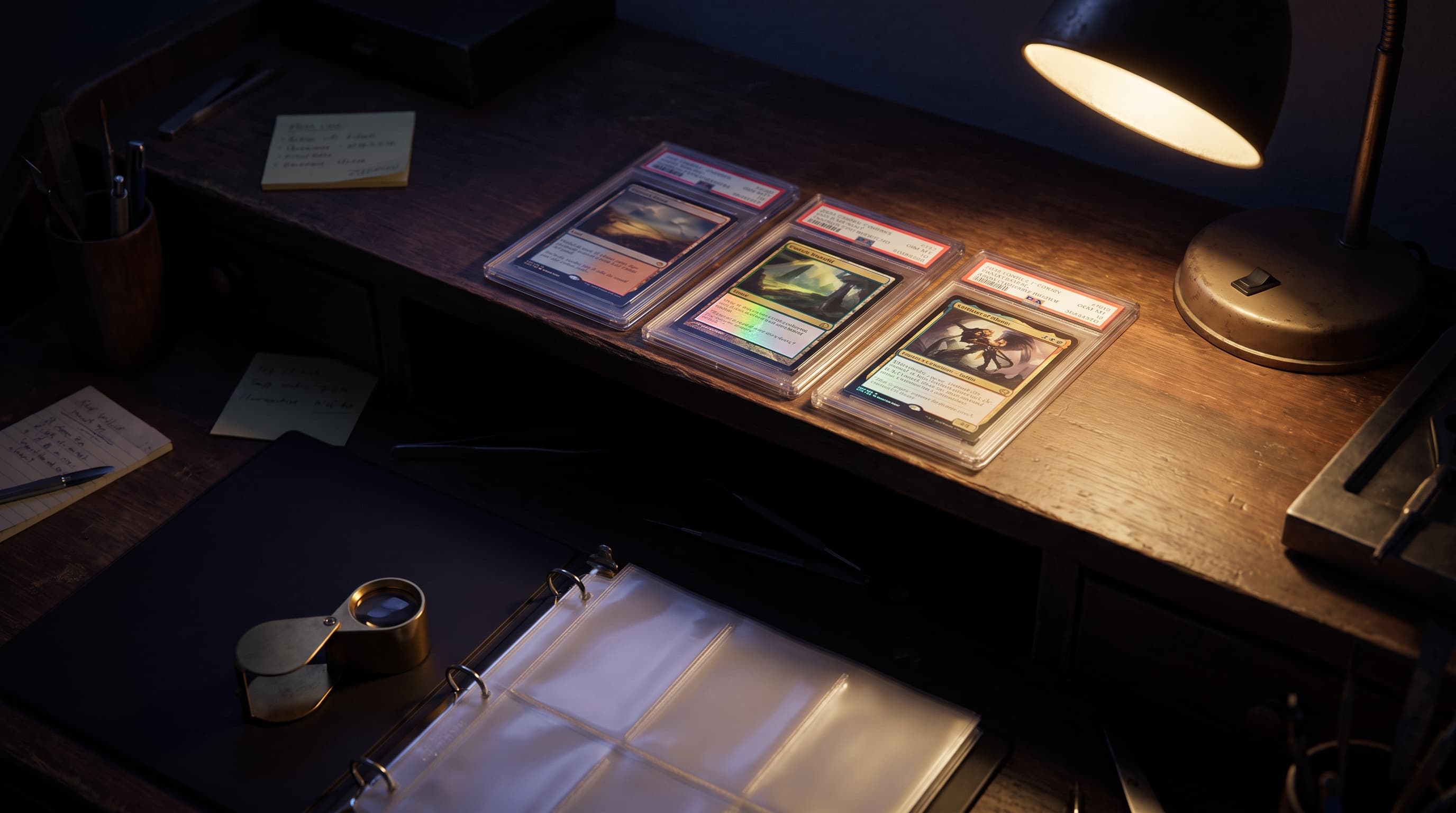 Three graded trading card slabs angled along a dark wooden desk, lit by a single warm lamp, with a loupe and an open binder of empty card sleeves in the shadowed foreground.