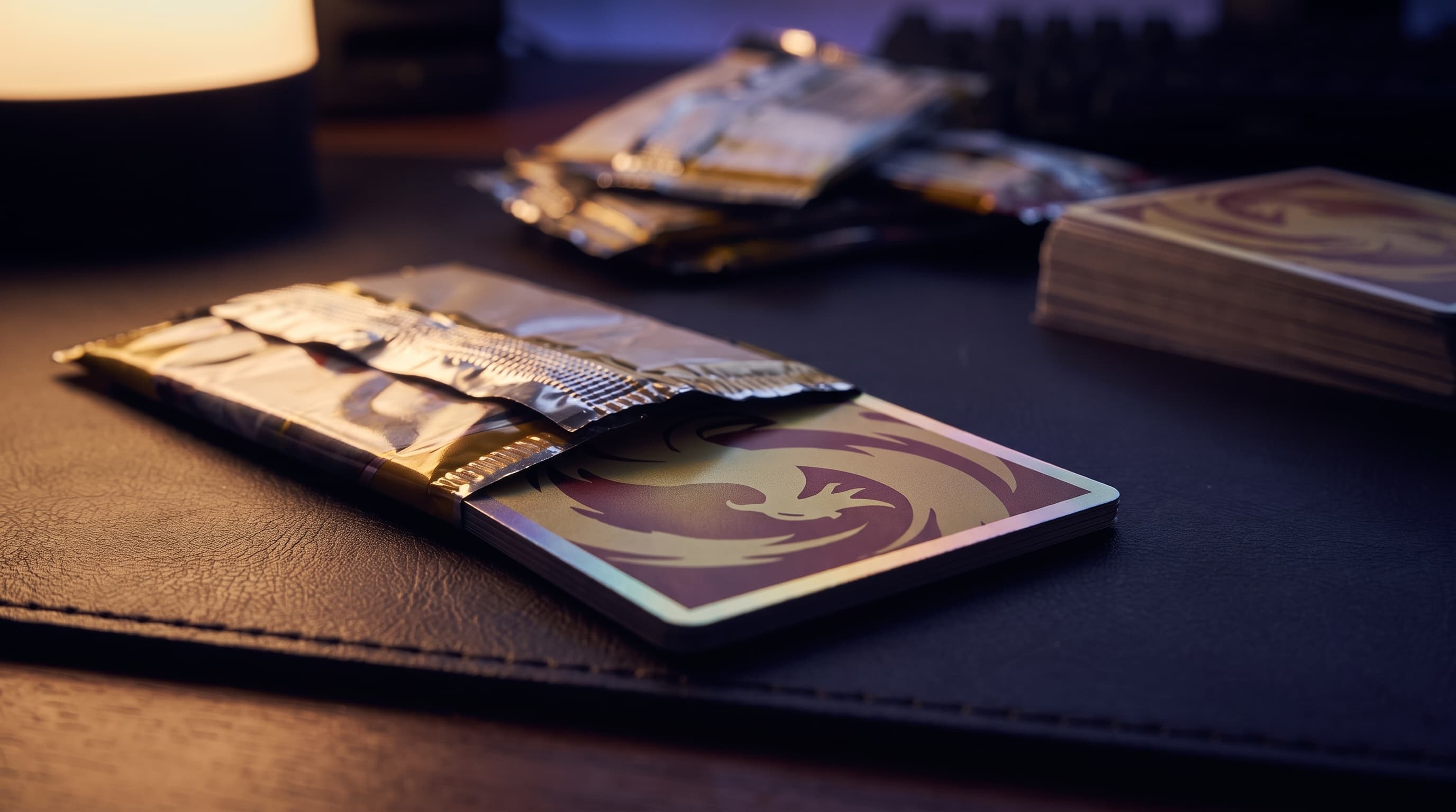 Extreme close-up of a torn foil booster pack with a single holographic card sliding halfway out, lit by a lamp on a dark desk with emptied wrappers blurred behind.