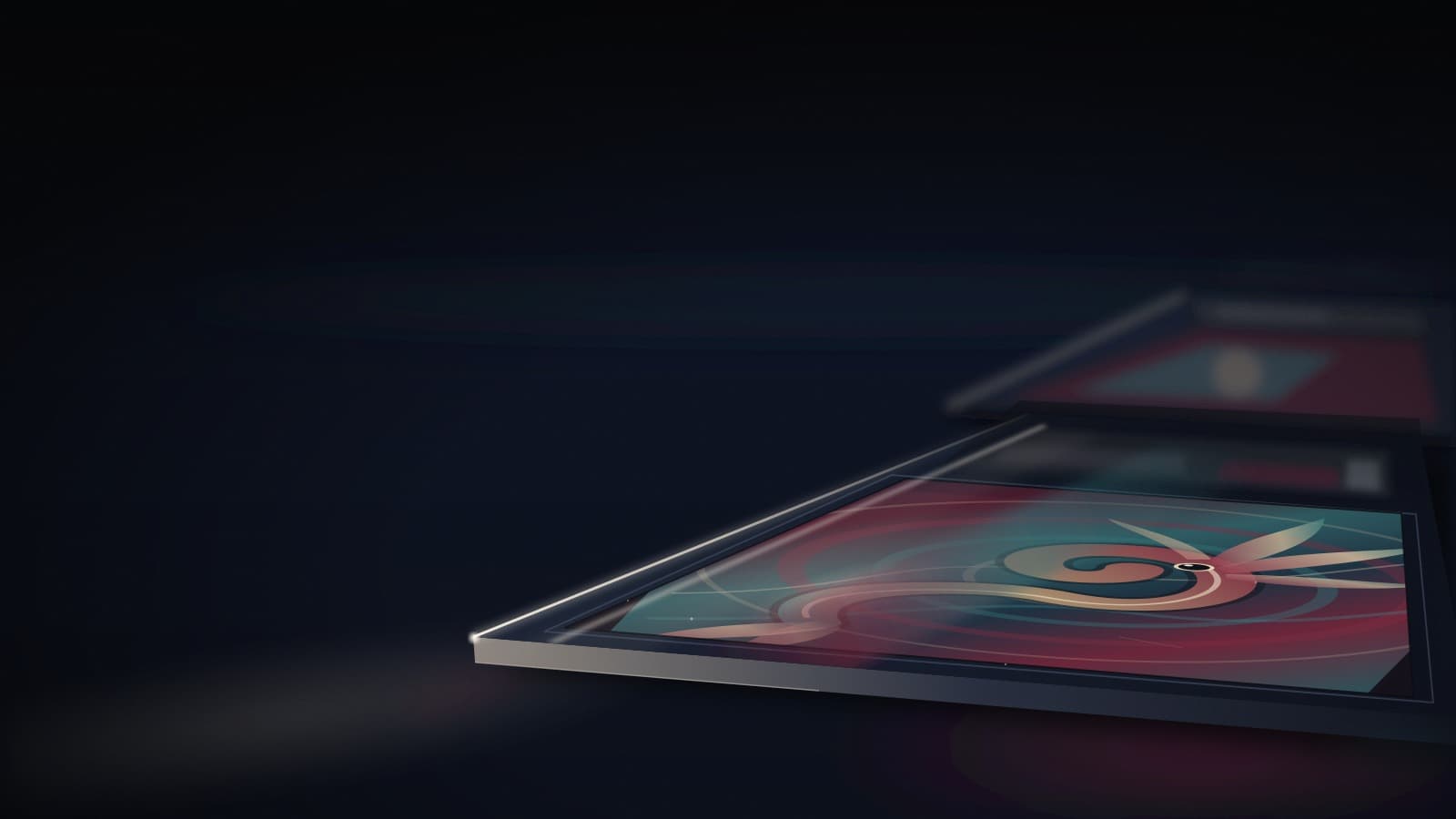 Close, low-angle view of a graded card slab with swirling holographic foil artwork catching a band of light, with two more slabs stacked and blurring away behind it on a dark navy surface.