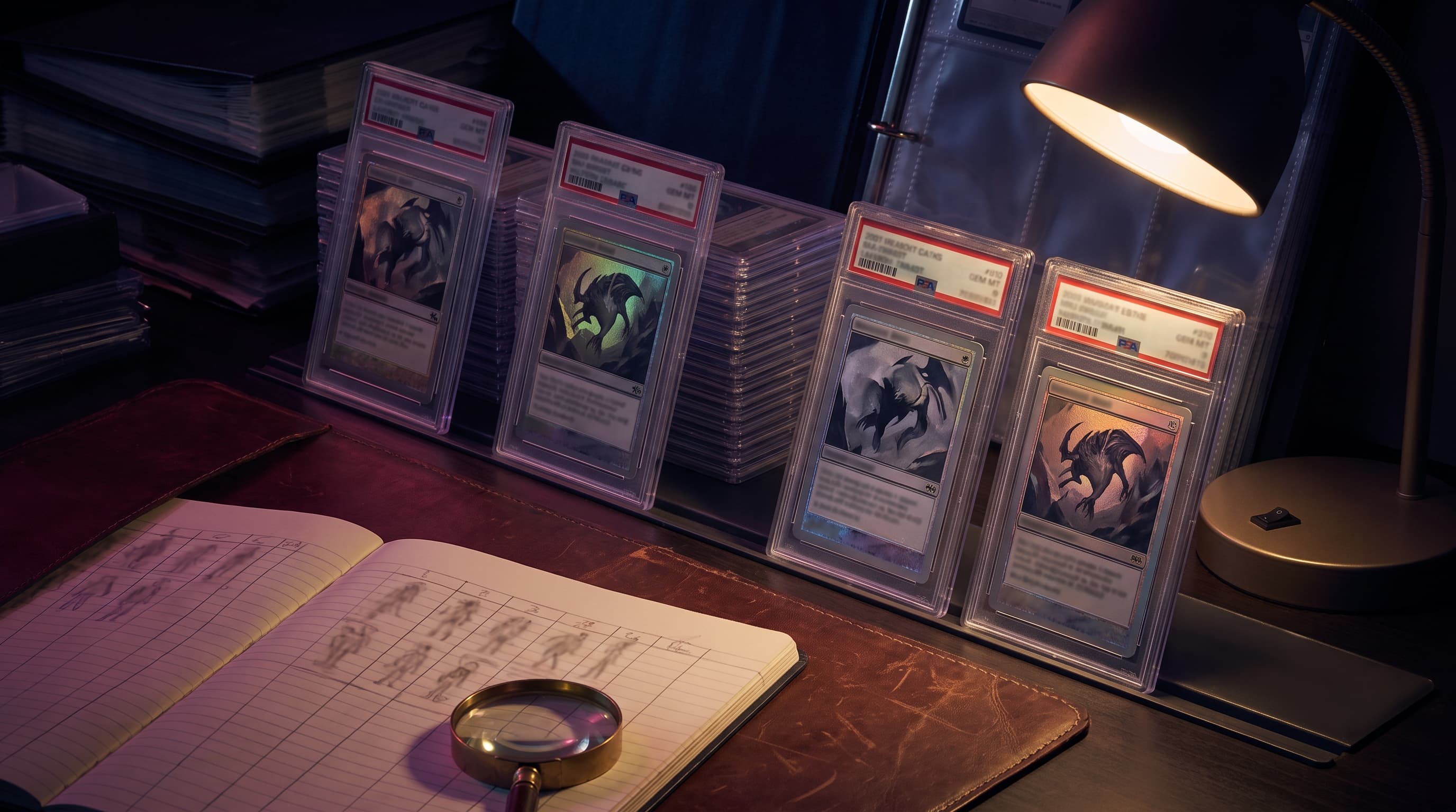 Rows of graded card slabs on a dim desk, lit by a lamp, with a loupe and a notebook of pencil columns in the foreground.