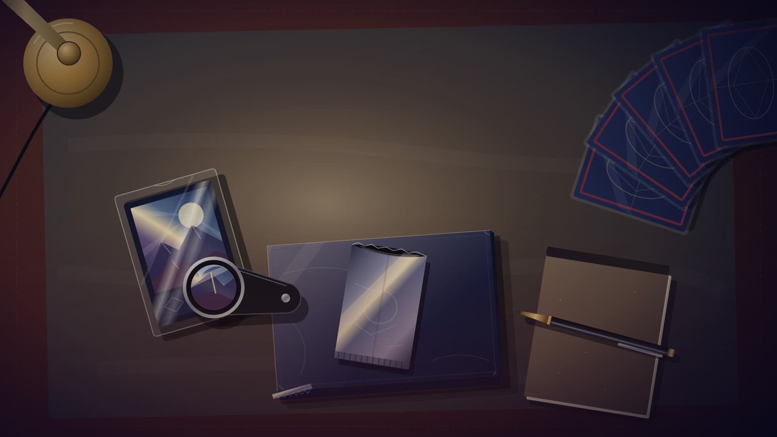 Overhead view of a dark collector's desk at night with a sealed cardboard hobby box, a foil pack, a loupe on a sleeved foil card and face-down cards fanned in a warm lamp glow.