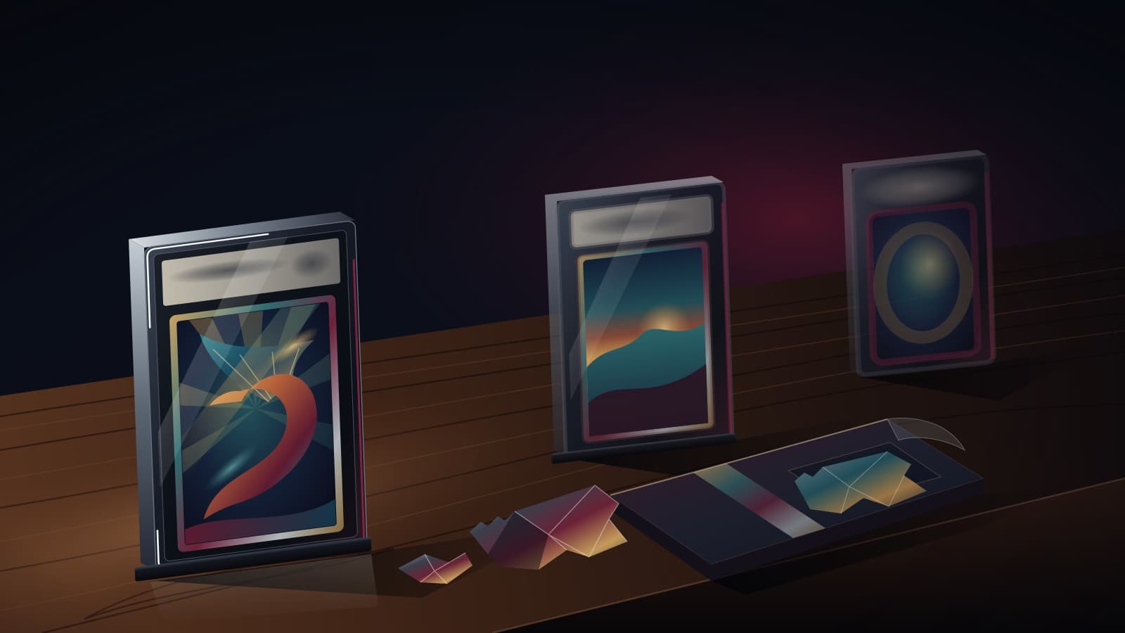 Three graded card slabs with abstract foil artwork stand in a row on a dark wooden ledge beside an open box lid and crumpled foil wrappers, lit by a low raking light against a deep midnight-navy background.