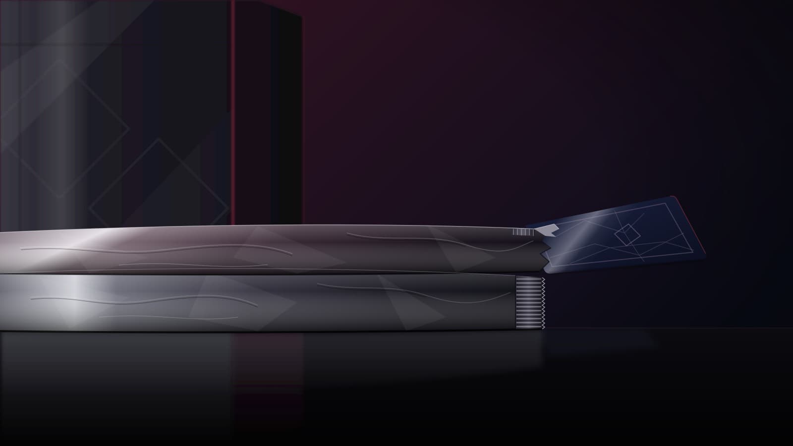 Illustration of a sealed booster box corner and two foil packs stacked on a glossy black surface, one pack torn open with a dark-backed card sliding out, lit in charcoal, navy and burgundy tones.