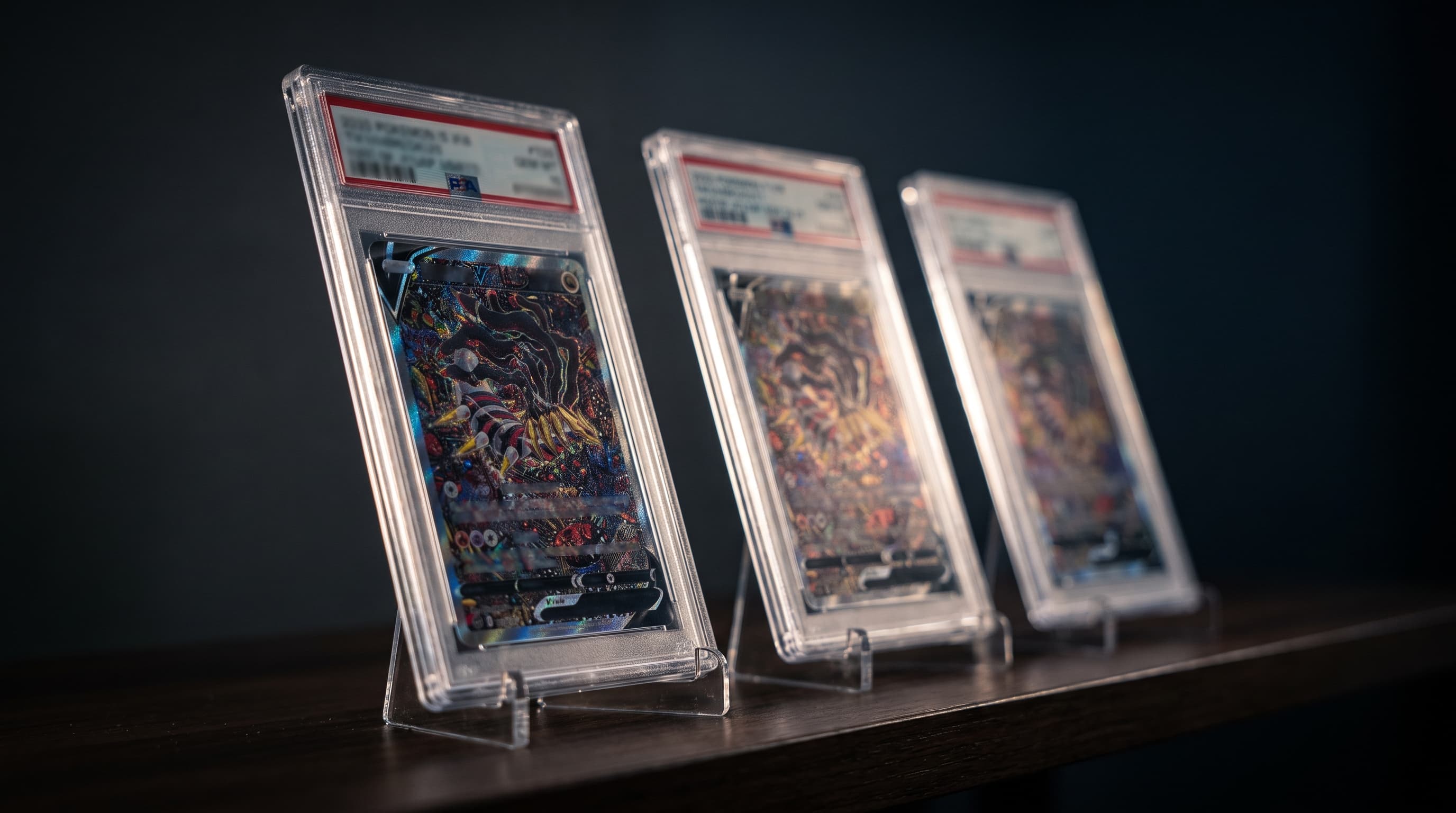 Three graded trading-card slabs of varying depth stand side by side on a shelf, raking light tracing their acrylic edges while their label strips remain softly out of focus.