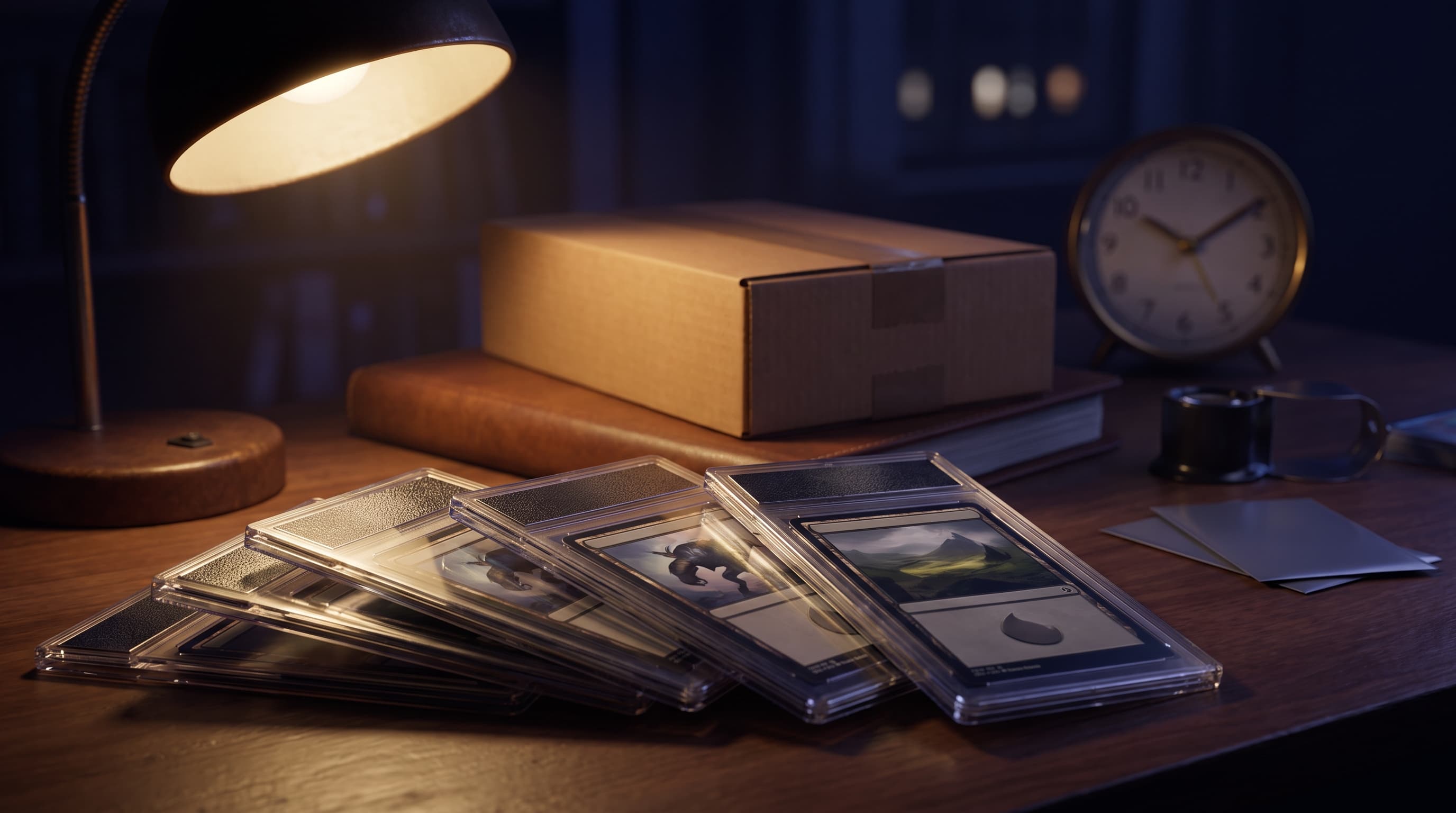 A stack of slabbed trading cards fanned at an angle on a dark desk under warm lamplight, a sealed grading submission mailer and a softly blurred analog clock behind them in deep indigo shadow.
