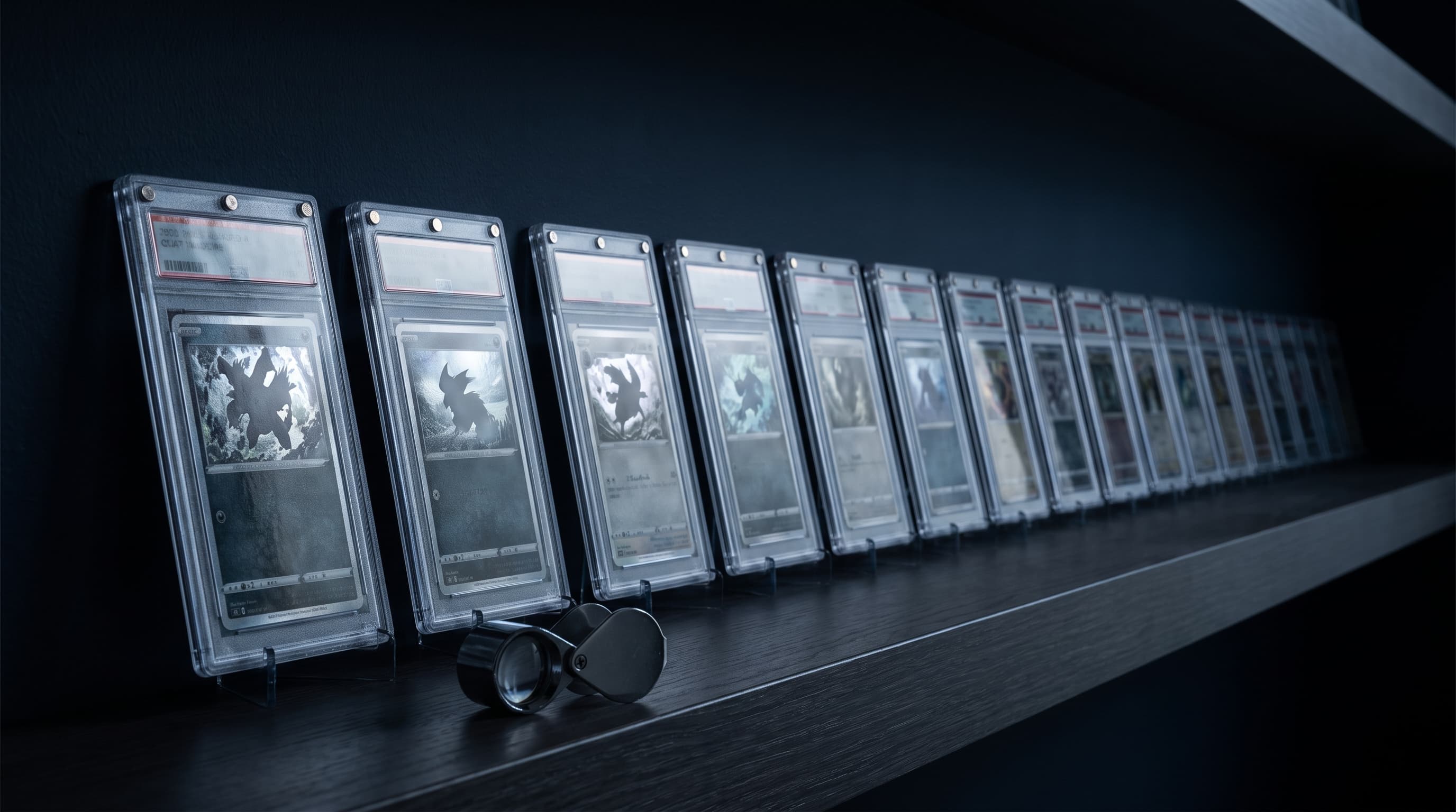 A row of upright graded trading-card slabs on a dark shelf, lit from the side with cool highlights catching their plastic edges and fading into soft focus down the line.