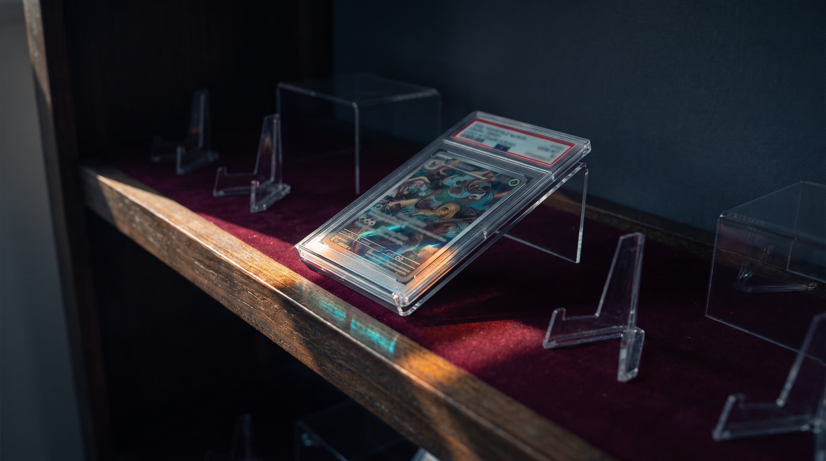 A single graded trading card slab lit by a raking beam of light on an otherwise nearly empty display shelf, its foil card face catching amber and teal color, surrounded by bare acrylic risers fading into charcoal shadow.