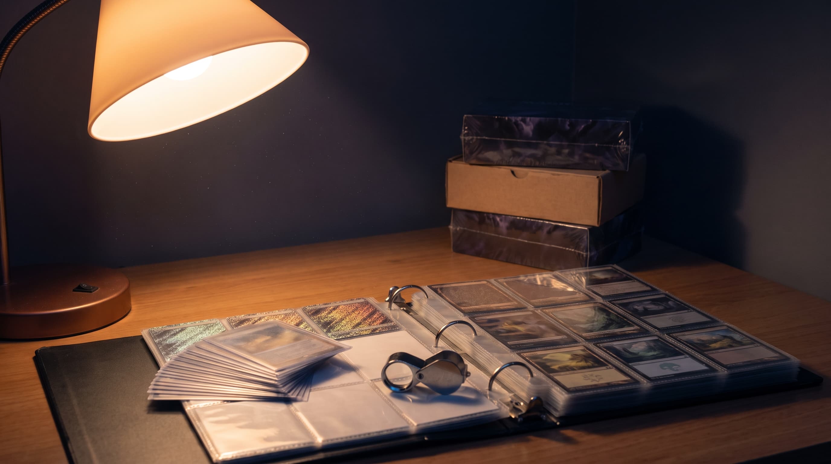 An open binder of sleeved trading cards glows under a desk lamp at night, with a short stack of sealed booster boxes waiting in the shadows behind it.