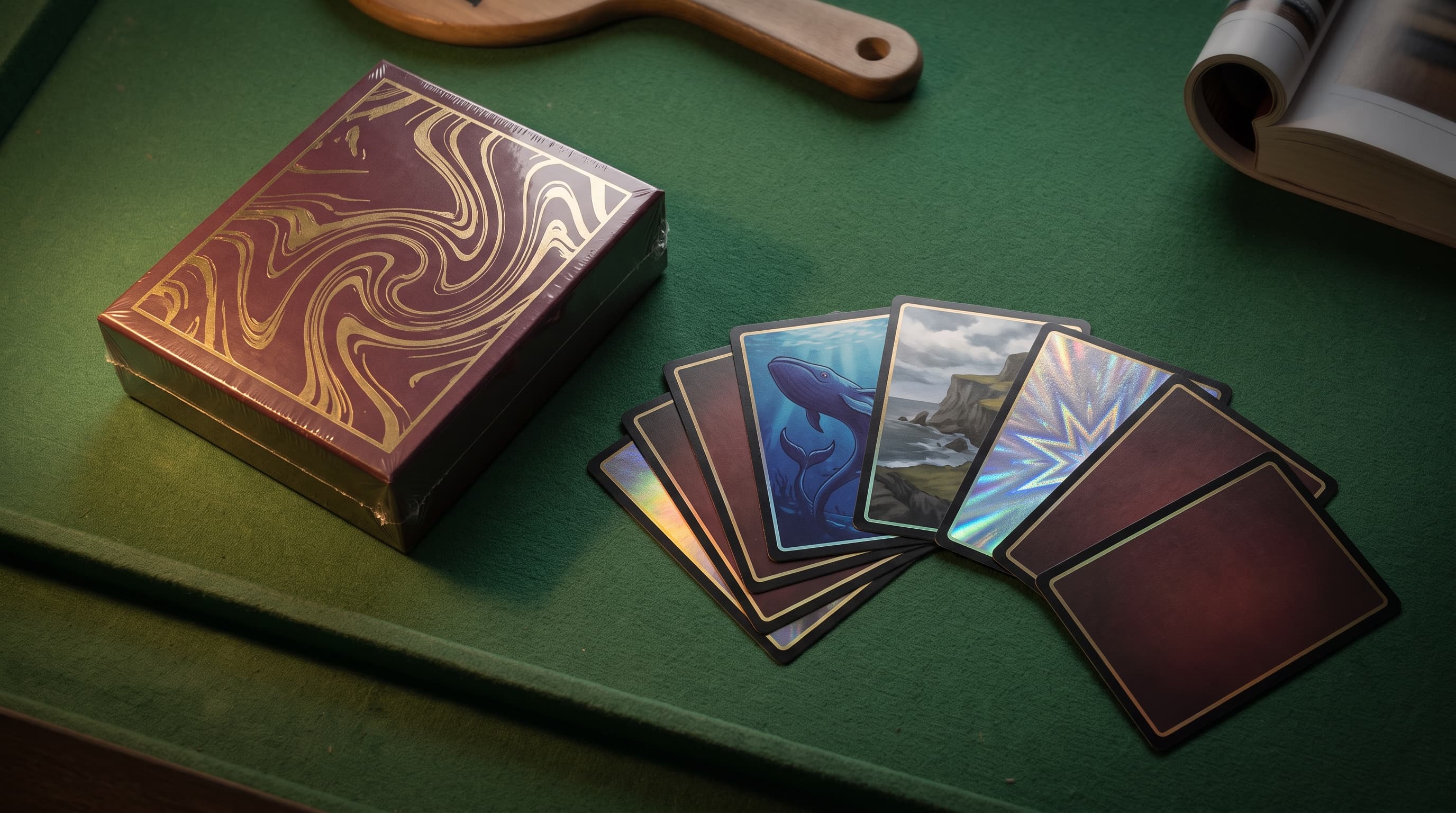Overhead view of a sealed, shrink-wrapped collector box on green felt beside a small fan of foil cards, with a blurred auction paddle at the top edge, all under warm lamp light.