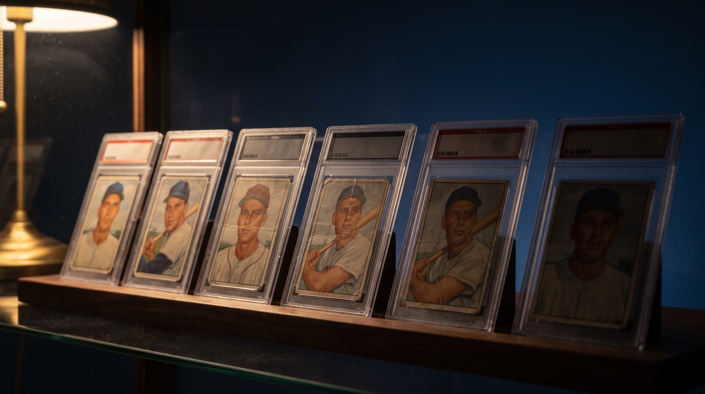 Seven graded trading-card slabs leaning in a diagonal row on a dark wooden shelf, each holding a worn vintage card, lit by a warm lamp against a midnight-blue background.