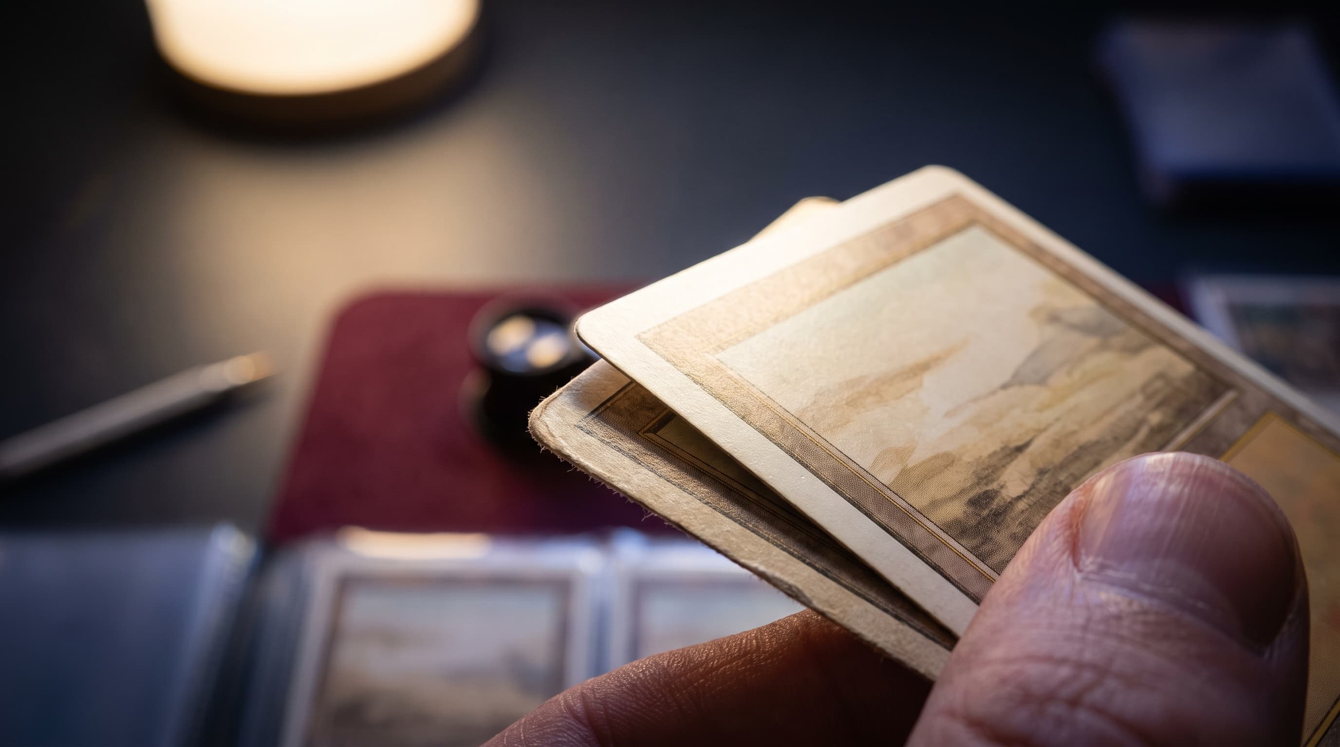 Extreme close-up of a worn vintage card edge held between fingertips, with one edge visibly whiter and flatter than the toned edges, above a second card from the same set.