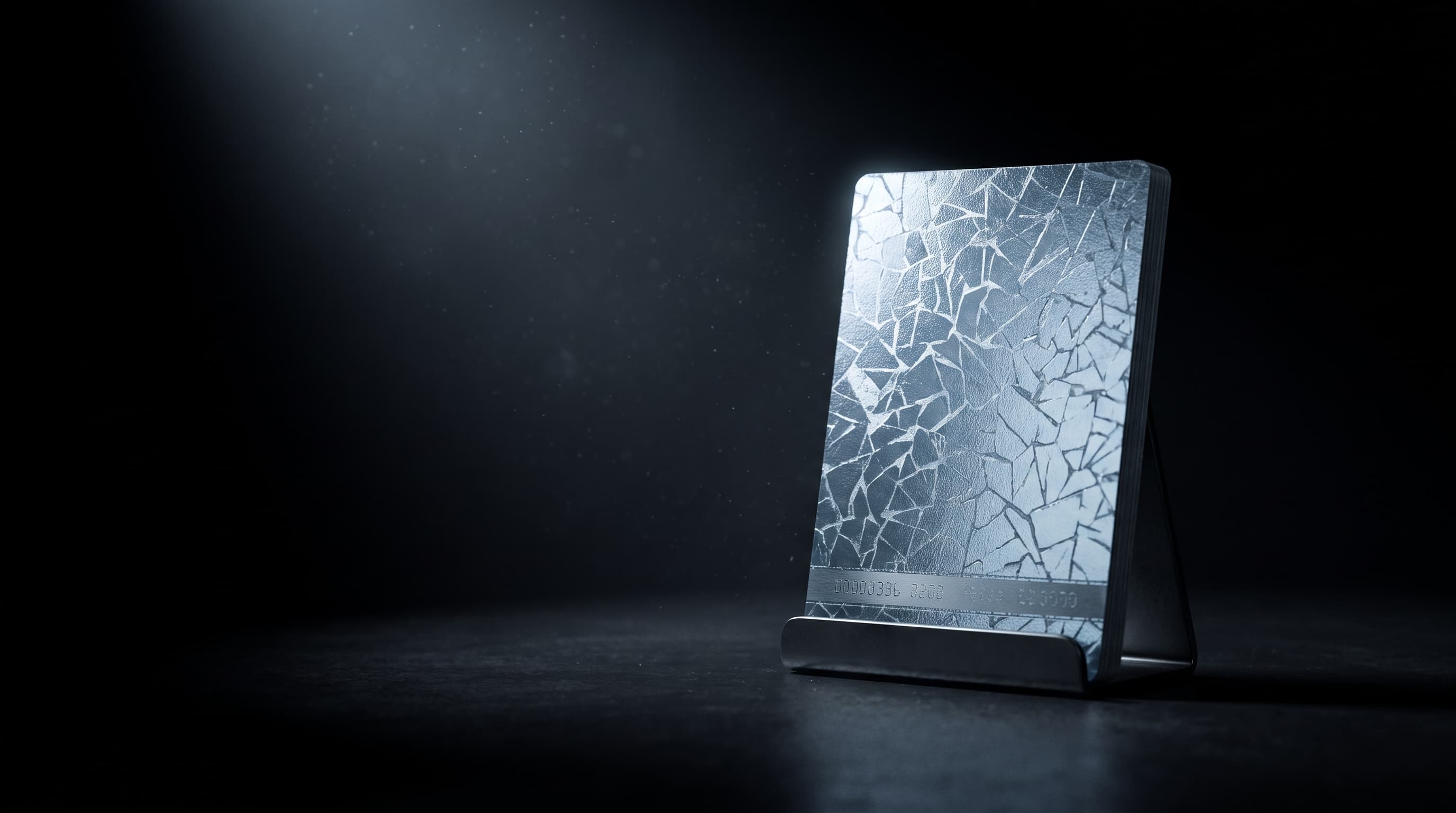 A single foil trading card stands spotlighted in a dark room, its surface catching cool silver-blue light while dust drifts through the beam.