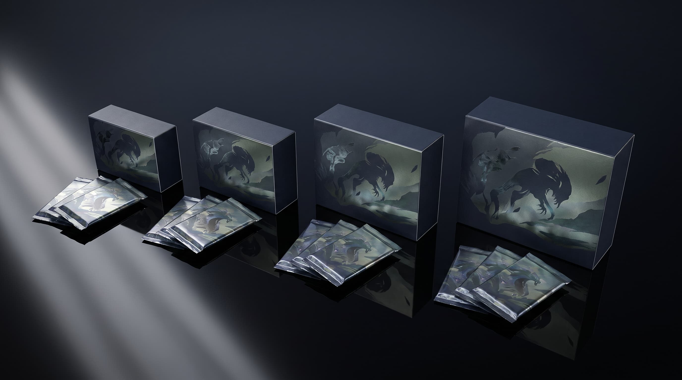 Four sealed collectible boxes of increasing size are lined up on a glossy black surface, each with foil-wrapped booster packs fanned at its base under warm raking light.