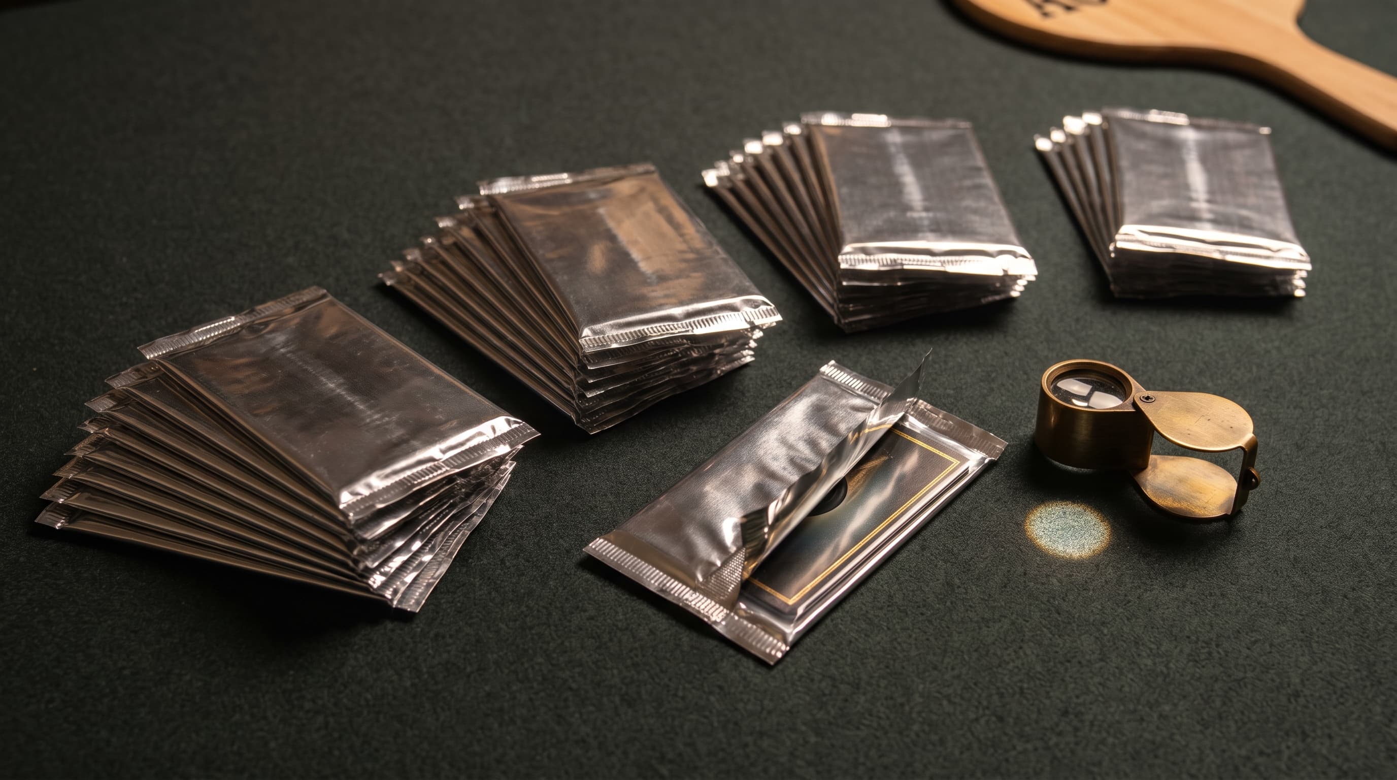 Four stacks of foil-wrapped trading card packs fanned on green felt under warm light, with one pack peeled open to reveal a sleeved card's foil edge and a brass loupe resting nearby.