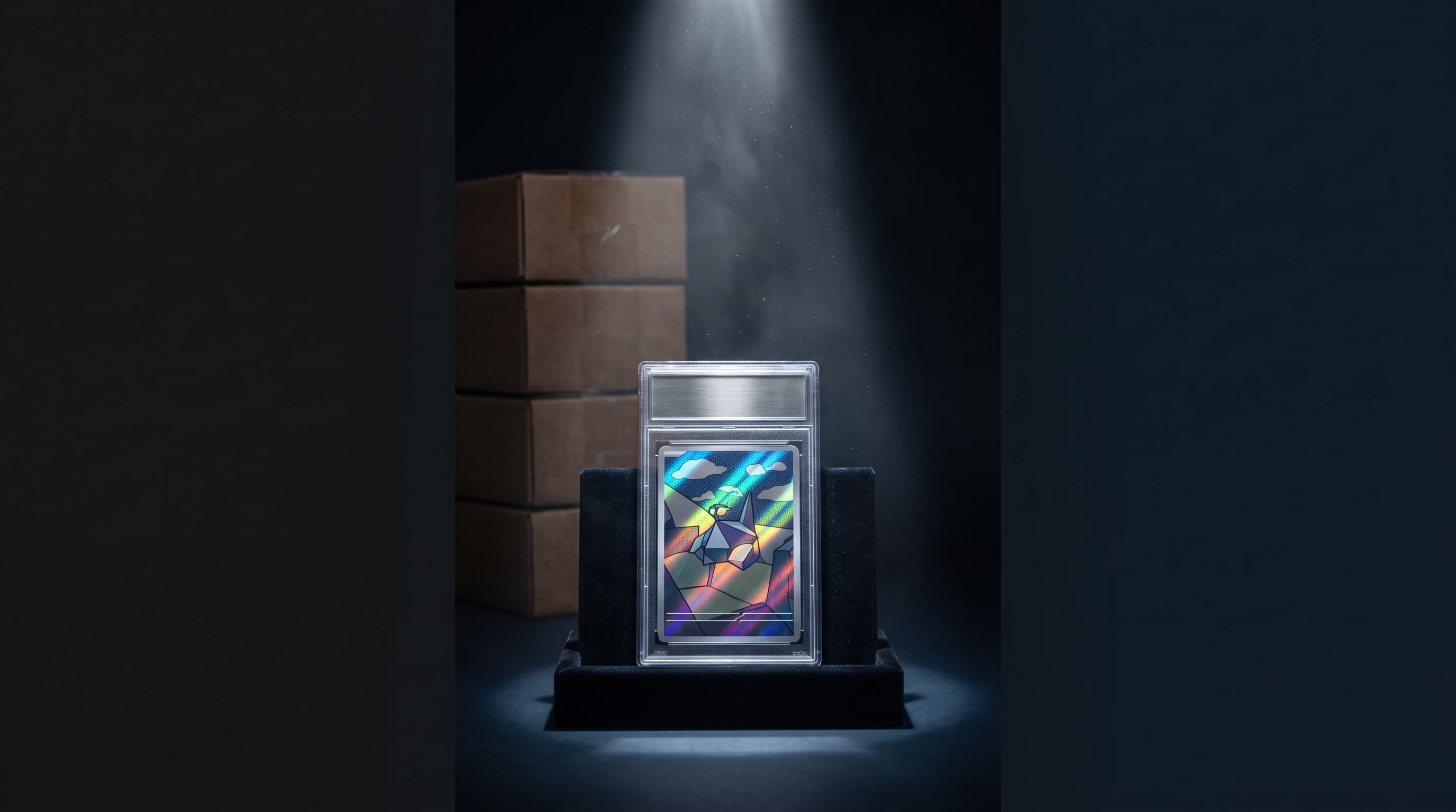 A single graded trading card stands upright in a velvet display stand under one tight spotlight, dust motes drifting through the beam, while a tall stack of sealed cardboard boxes fades into near-total darkness behind it.