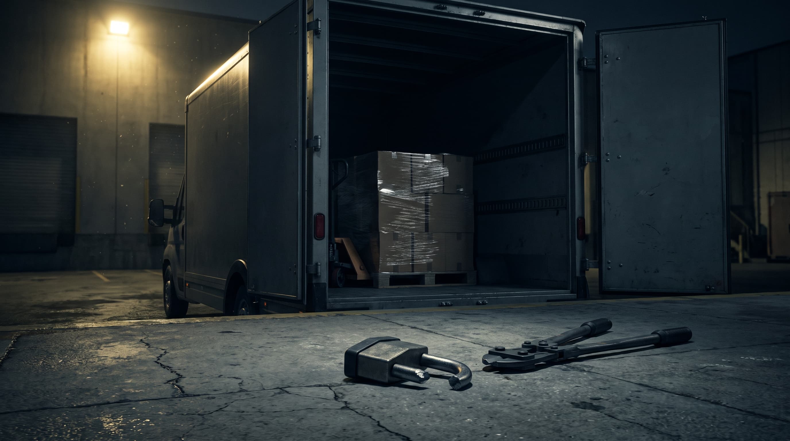 A loading dock at night with the rear doors of an unmarked delivery truck open, a shrink-wrapped pallet of boxes visible inside, and a cut padlock lying on the concrete under a single harsh light.