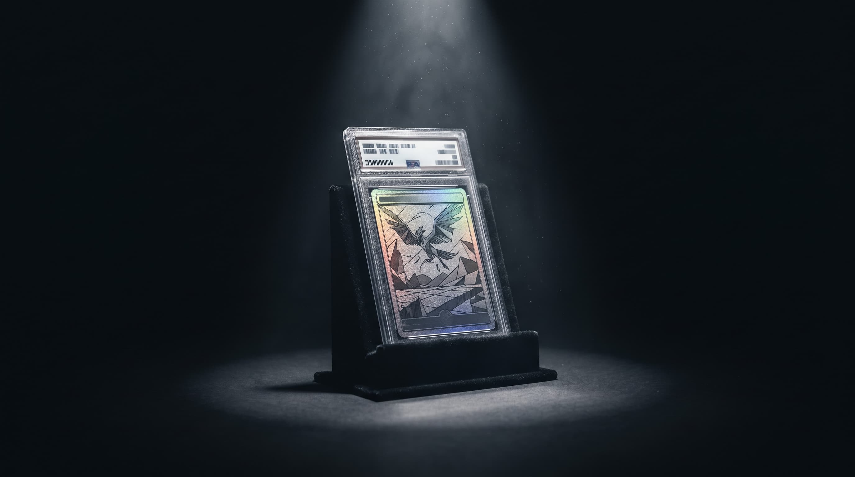 A single graded trading card stands illuminated in a velvet display stand inside a dark room, its foil edge catching a narrow spotlight beam with dust drifting through the light.
