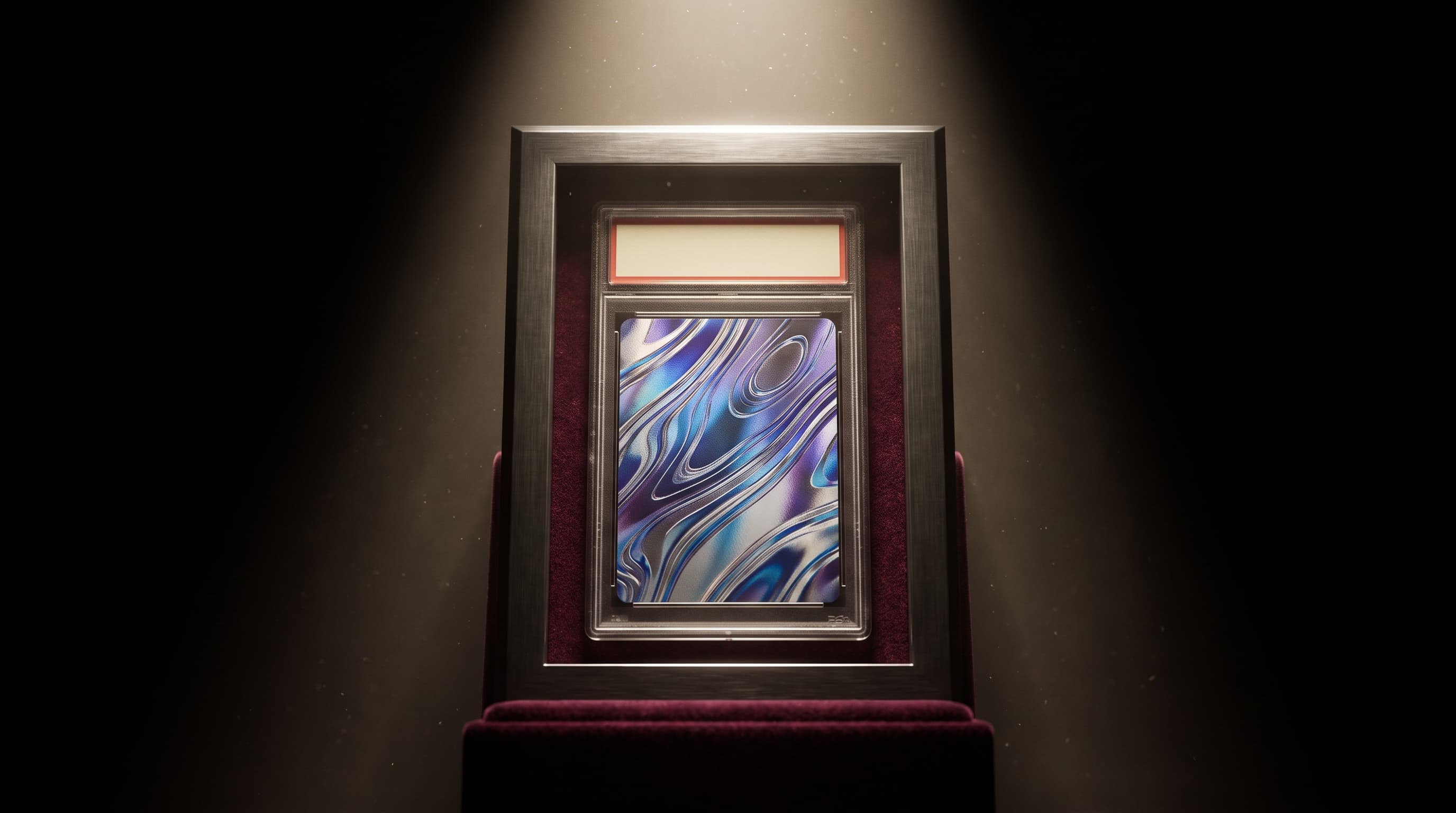 A single graded trading card stands upright in a velvet display stand under a tight spotlight, its label strip blank, with dust drifting through the beam against near-black surroundings.