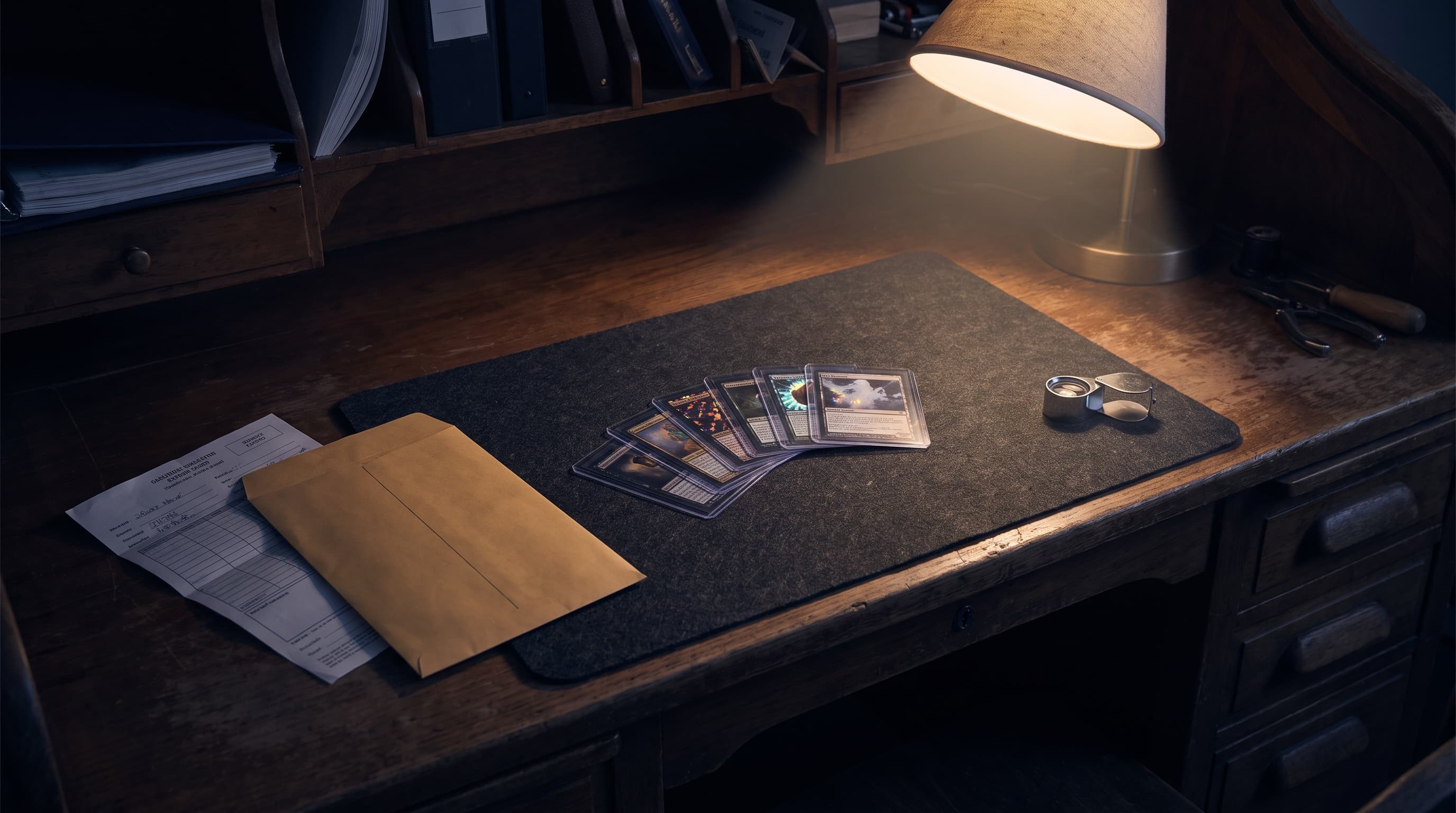 Fanned sleeved trading cards and a loupe lit by a desk lamp on a felt mat at night, with a blank submission envelope resting nearby.