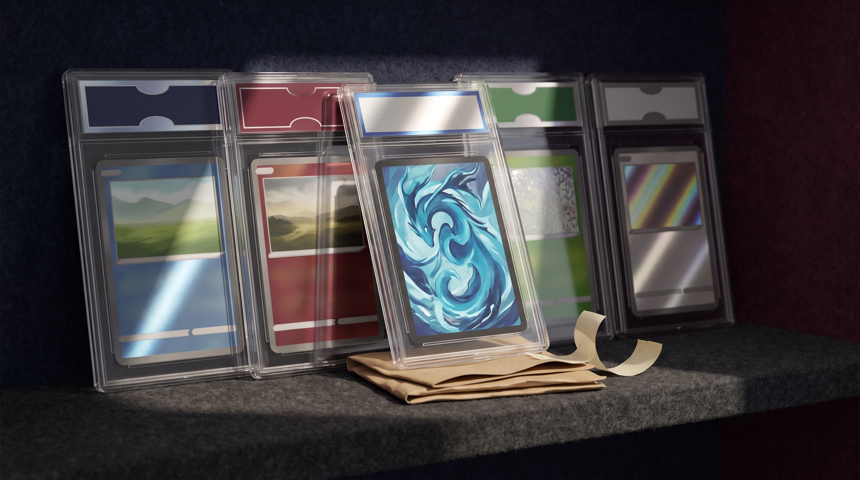 Five upright graded card slabs in varied cases lined on a dark felt shelf, lit by raking side light, one slab resting on a short stack of plain shipping paperwork.