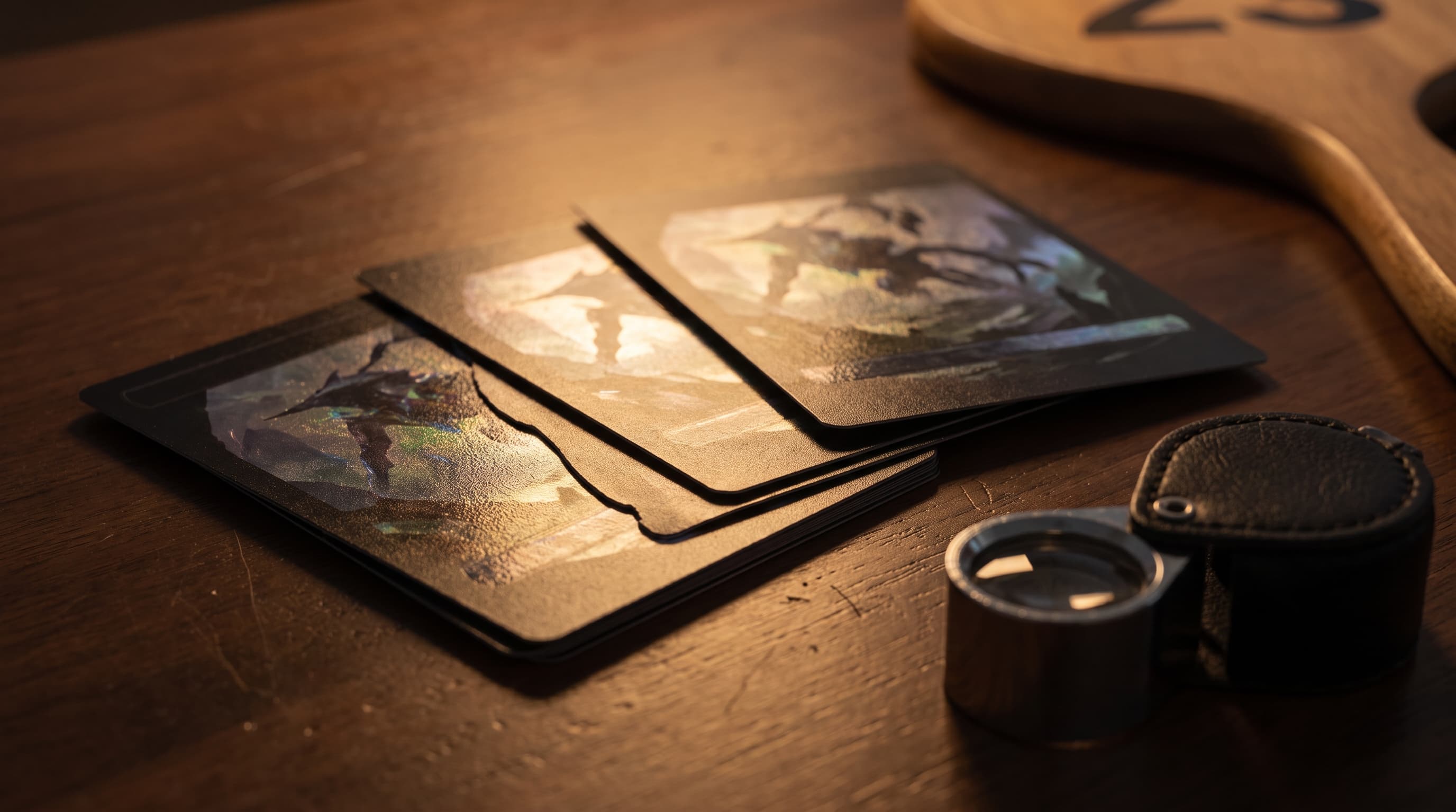 Three trading cards fanned on a dark wood table under warm lamplight, their foil surfaces catching the light, with a magnifying loupe beside them and the blurred edge of an auction paddle in the background.