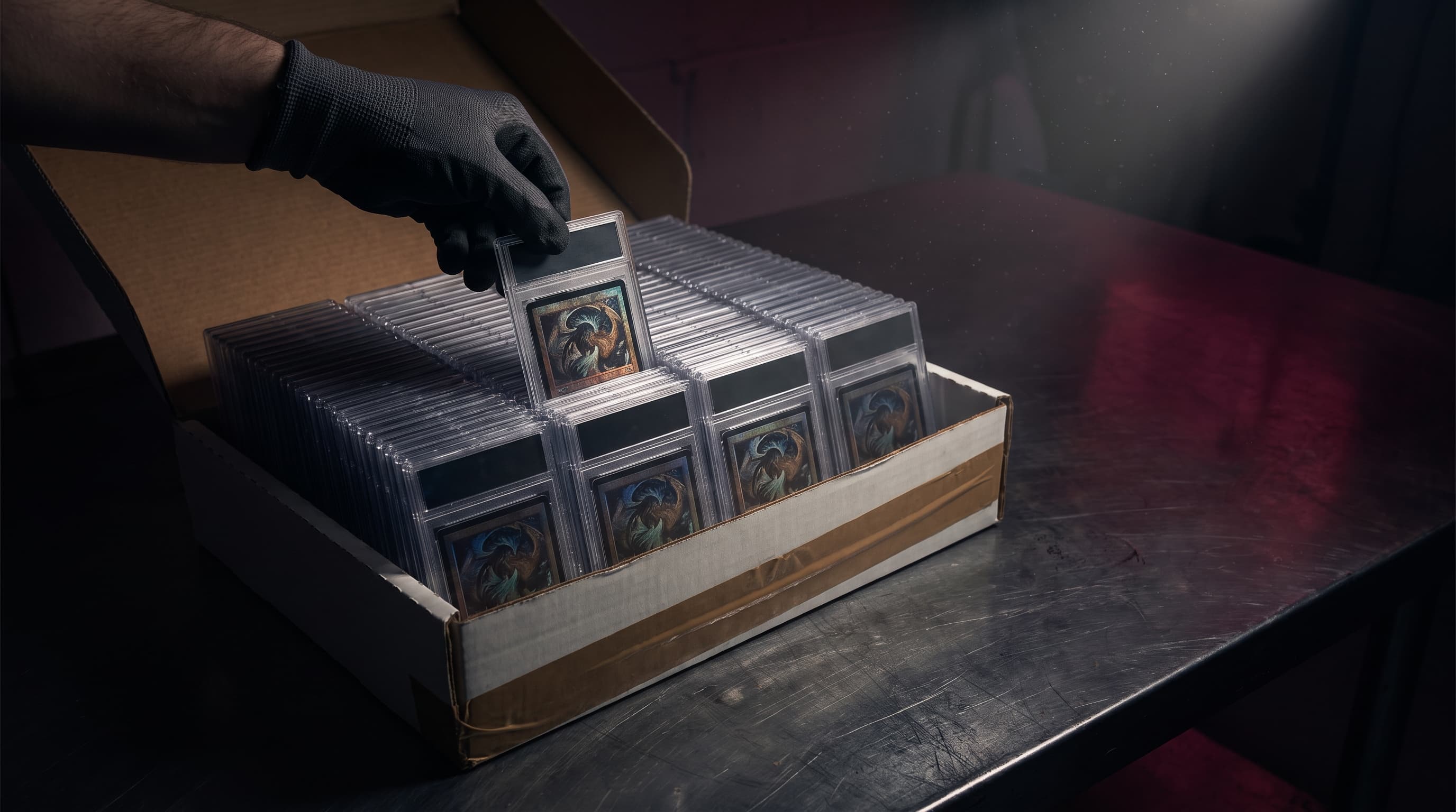 A dark receiving table where an open return box holds a tightly packed row of graded card slabs, their foil card faces catching a single spotlight while a gloved hand lifts one slab from the row.