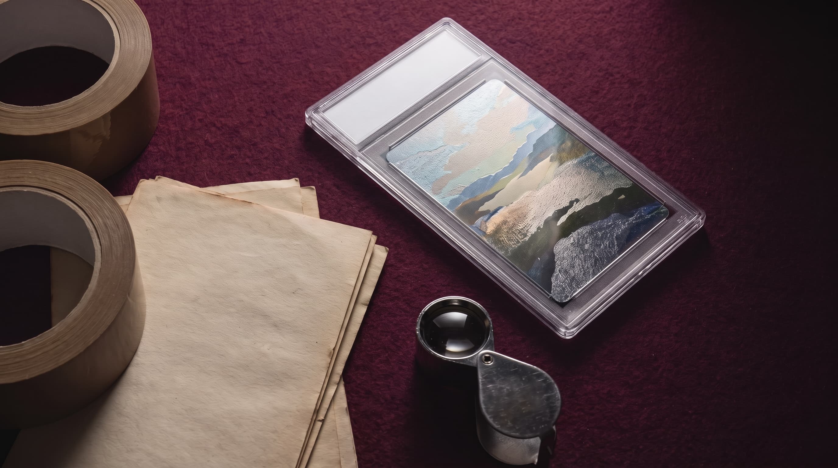 Overhead view of a graded trading card slab on dark felt surrounded by shipping paperwork, tape and a loupe under raking light.